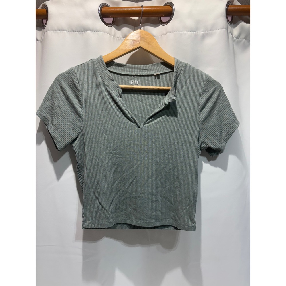 PacCares Notched V-Neck Crop Top Womens Small Sage Green Ribbed Knit Y2k